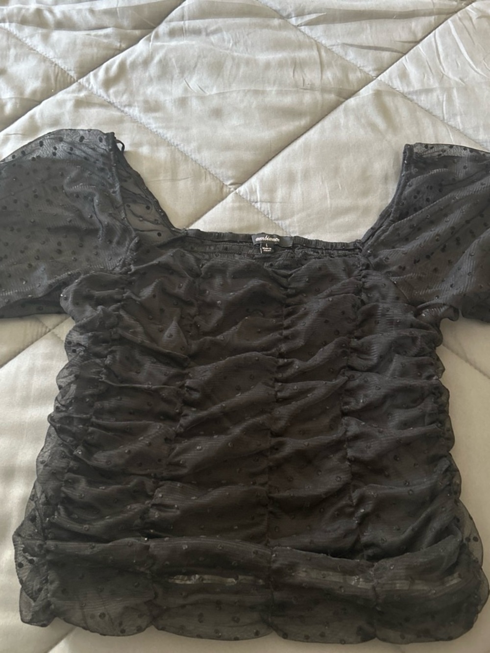 Ambiance Black Sheer Swiss Dot Ruched Puff Sleeve Top